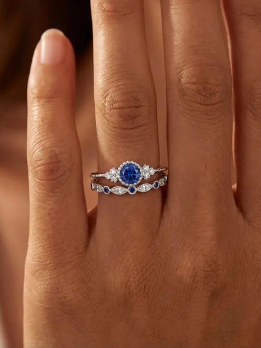 18k White Gold Sapphire Ring Band Set of 2 Rings Blue Sapphire Ring Dainty Ring
